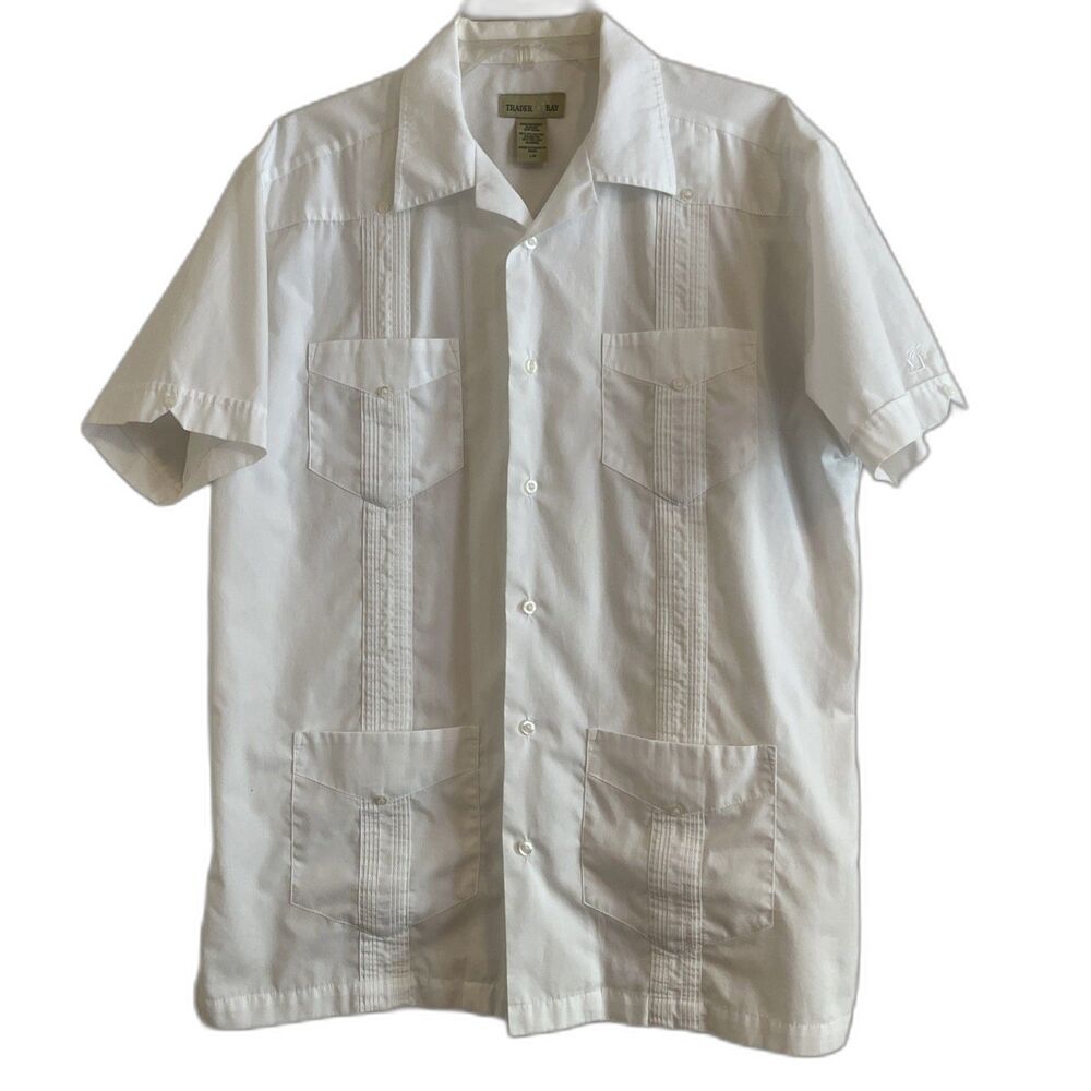 Trader Bay Bowling Shirt Men L White Button Up Pocket Palm Tree Logo Resort Wear